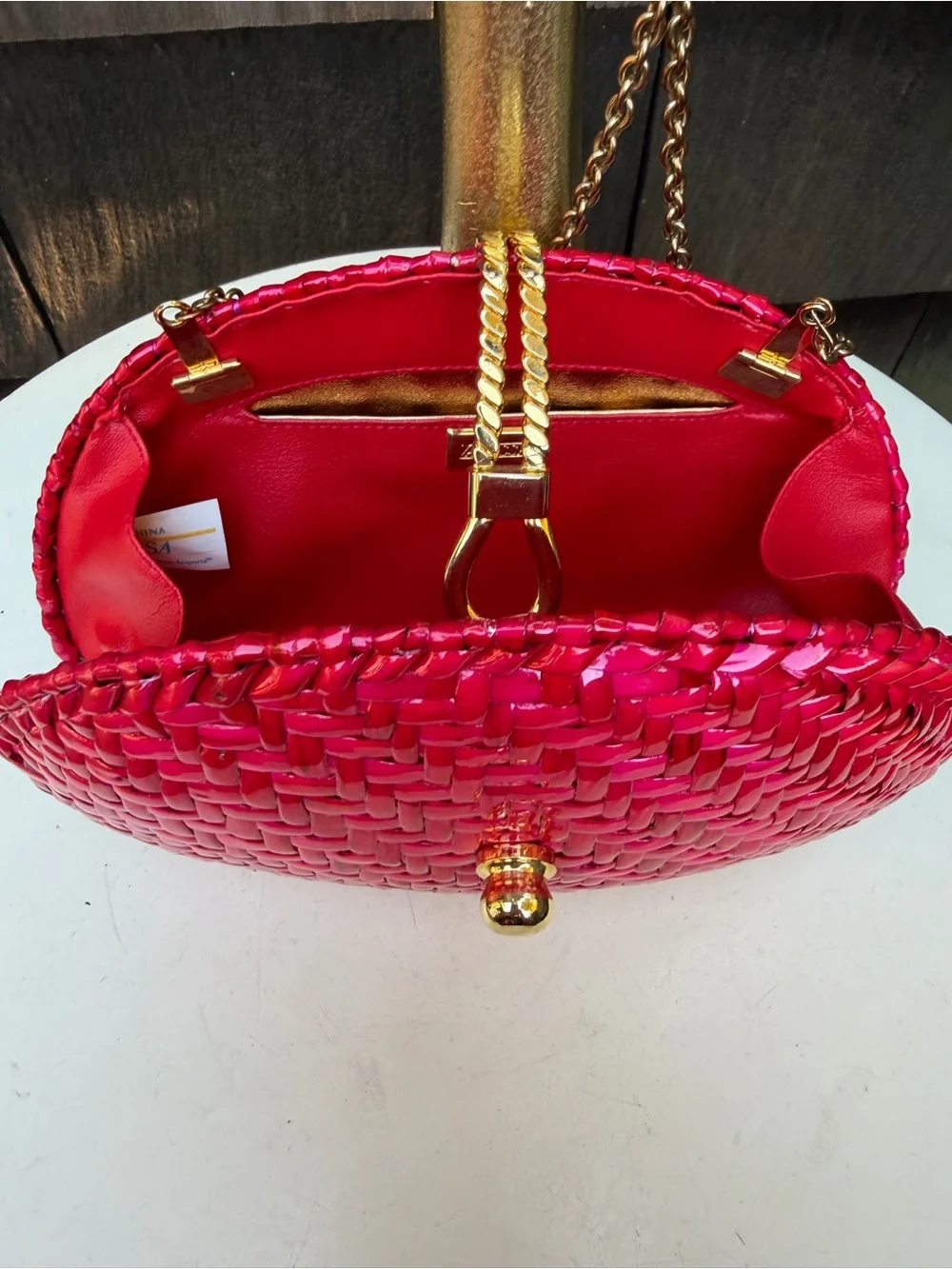 Vintage Vanessa neon pink fuchsia straw bag or clutch with chain strap